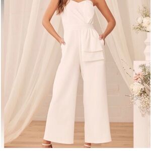 Lulu’s white strapless/wide-leg jumpsuit